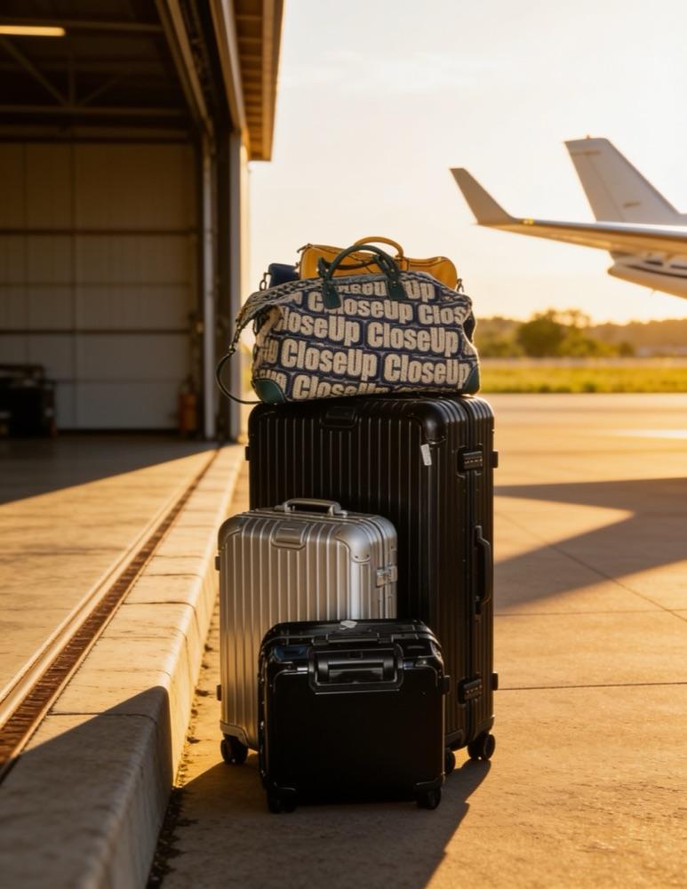 Instagram-Post von CloseUp: Koffer und CloseUp-Tasche vor einem Privatjet